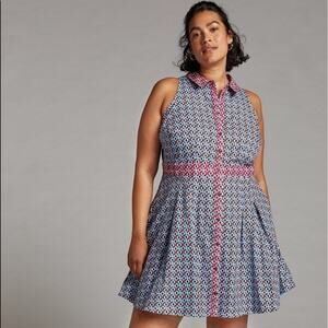 Anthropologie Maeve Womens Buckley Mini Shirt Dress Sleeveless Geometric Blue 16